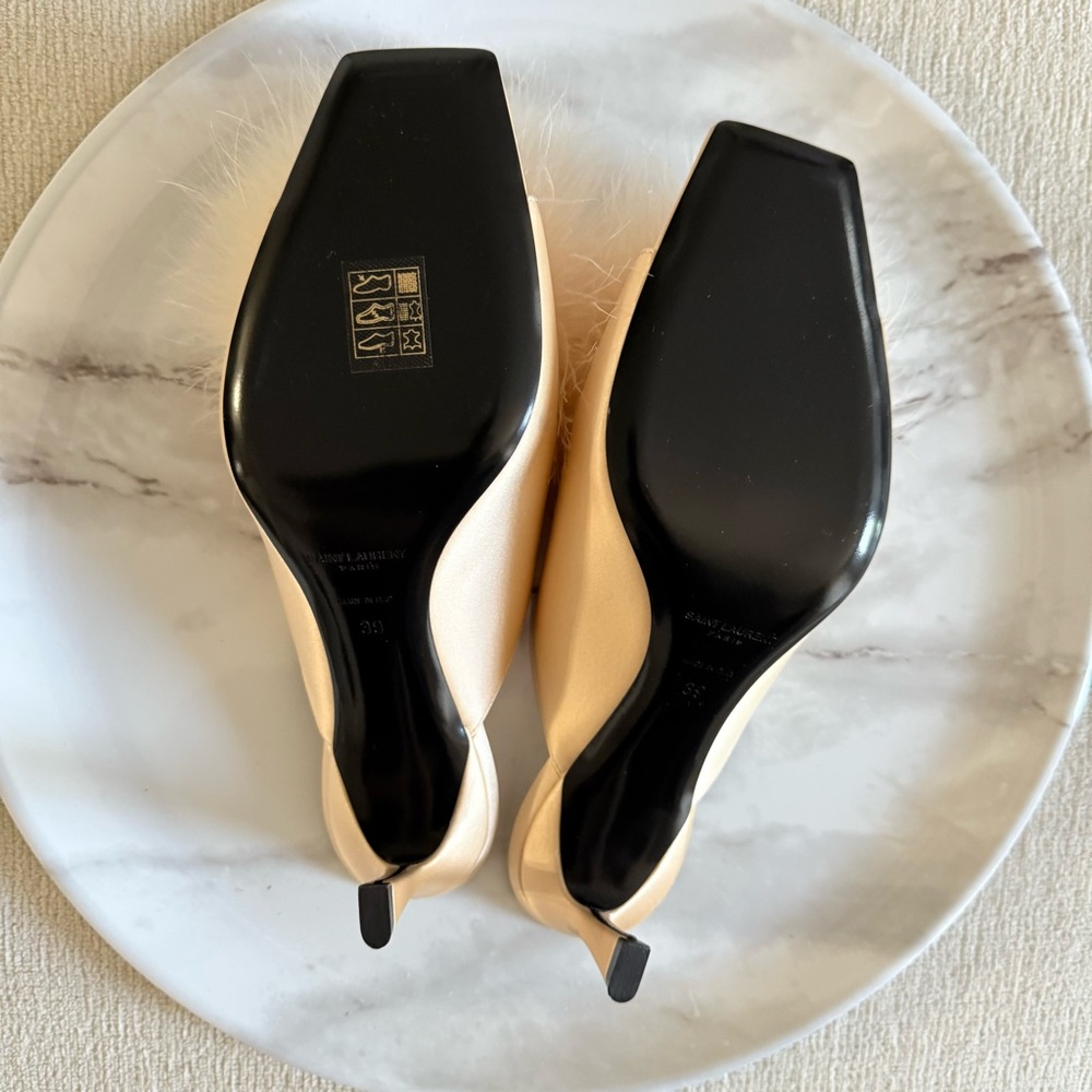 Saint Laurent Blanco 60 Mule Satin Feather Heel Nude Size 39 - Picture 6 of 7